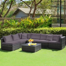 NNECW 7 Piece Patio Rattan Conversation Set with Seat &amp Back Cushions for Bac