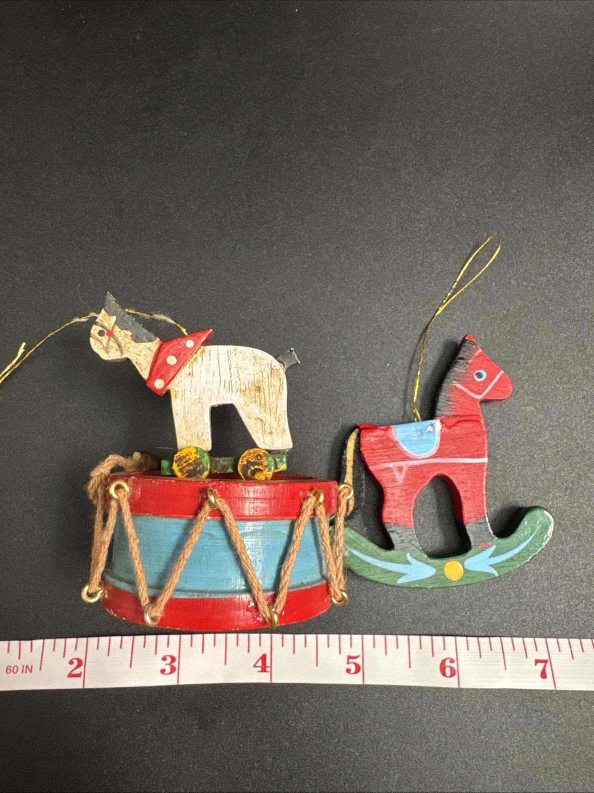 Set Of (2) Vintage Wooden Ornaments - Rocking Horse Drum