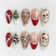 30Pcs Christmas Press on Nails Medium Almond Fake Nails Red French Tip Nails wit