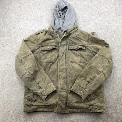 Levi's Jacket Mens Medium Olive Green Hooded Sherpa Lined Field Utility Zip
