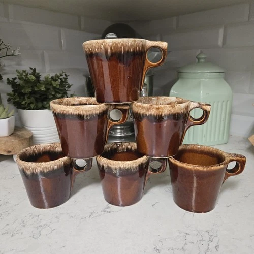 Vtg 60s Hull Pottery Oven Proof USA Brown Drip Glaze Coffee Mugs Cups Lot of 6