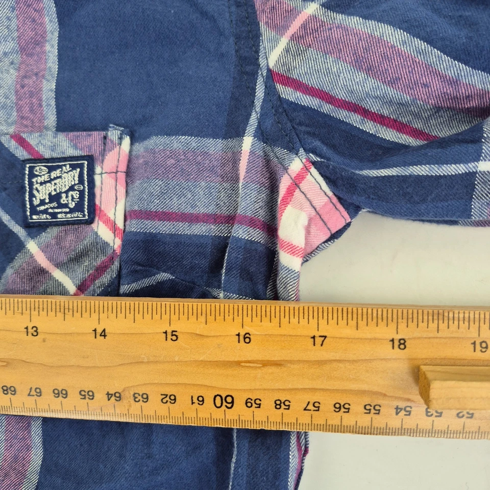 SUPERDRY Shirt Small Blue Womens Flannel Check Cotton Blend Long Sleeve Logo - Image 3 of 4