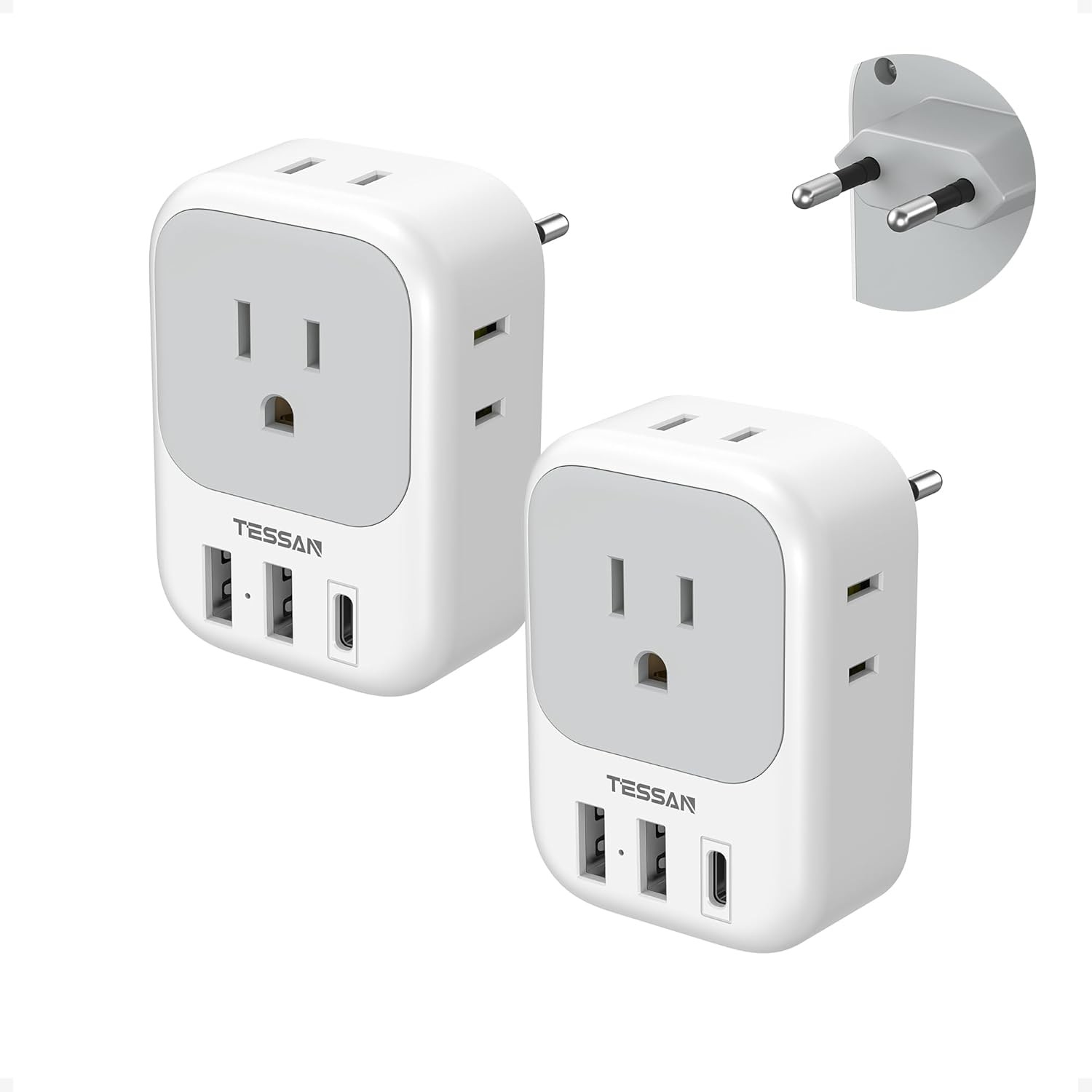 2 Pack European Plug Adapter USB C, TESSAN US to Europe Adapter 4 Outlets 3 USB 