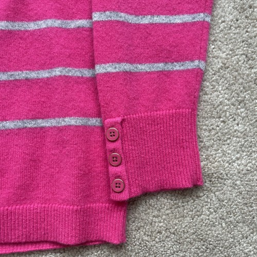 Talbots Pure Cashmere Sweater Womens Medium Hot Pink Striped Preppy Soft Button - Picture 2 of 7