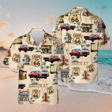 Vintage Route 66 Hawaiian Shirt, Classic Car Highway Shirt,Trip Vacation Shirt