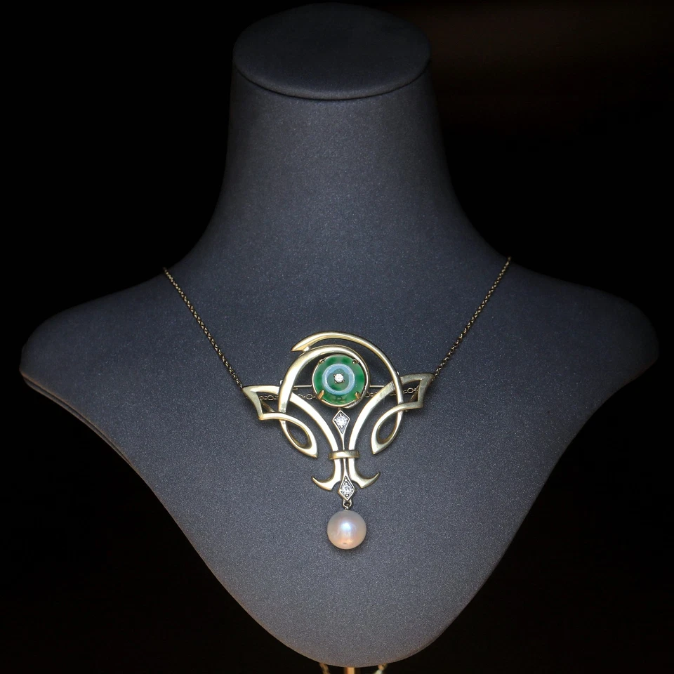 Collier Pendentif Broche Doré Jade Vert Blanc Donut Perle Art Nouveau Style SB38 - Bild 2 von 4