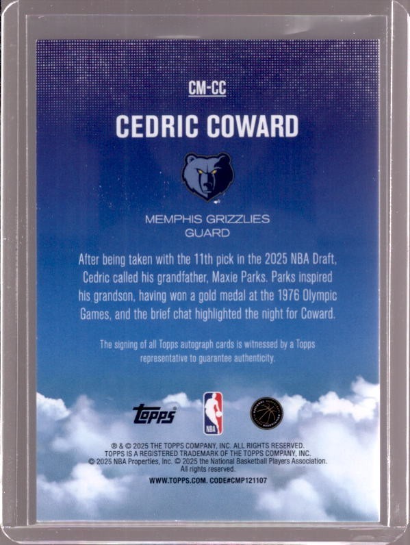 CEDRIC COWARD 2025-26 Topps Contemporary Marks Rookie RC Autograph