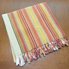 Crate & Barrel Tablecloth Cesena Stripe Cotton Fringed 60 x 60 Southwest Orange