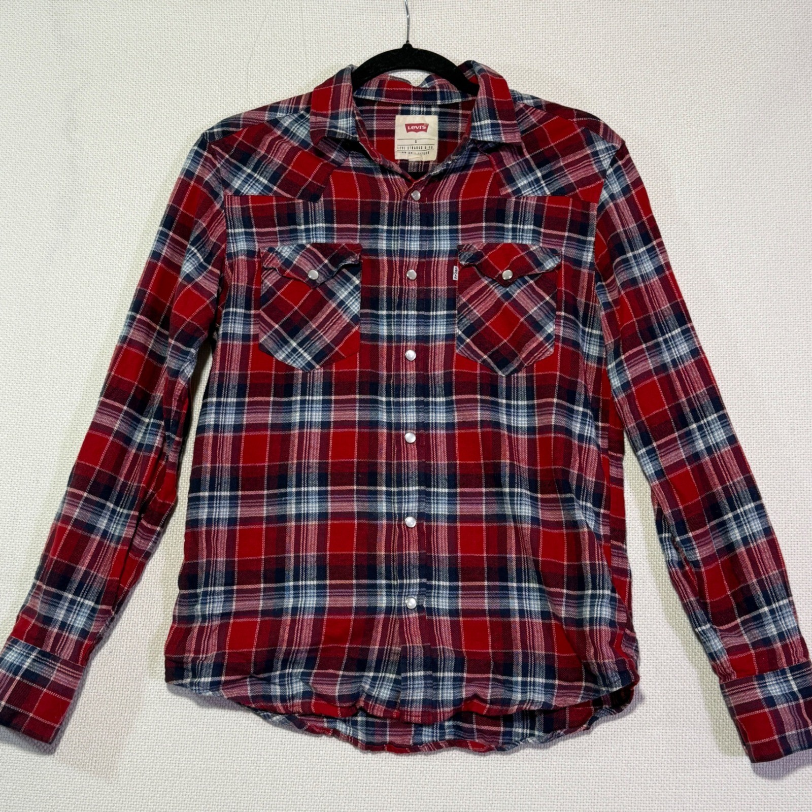 Levis Red Plaid Western Shirt pearl Snap Button Long Sleeve Size S