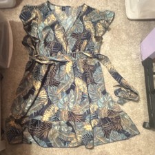 SHEIN 2XL Tropical Leaf Print Wrap Dress Tie Waist Flutter Sleeve