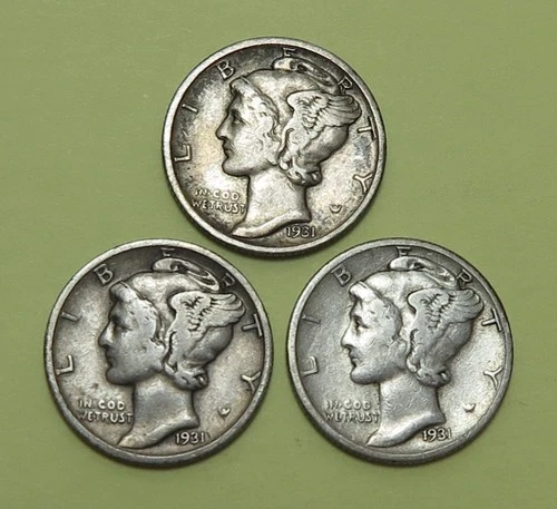 3 Mercury Dimes 1931 Fine,  31-D Very Good, 31-S Good