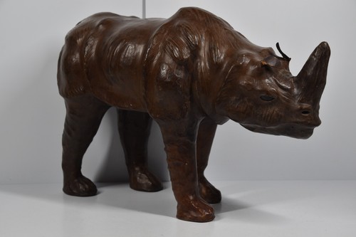 Vintage Leather Wrapped Rhinoceros Statue Figure 17" Long LARGE Safari Africa