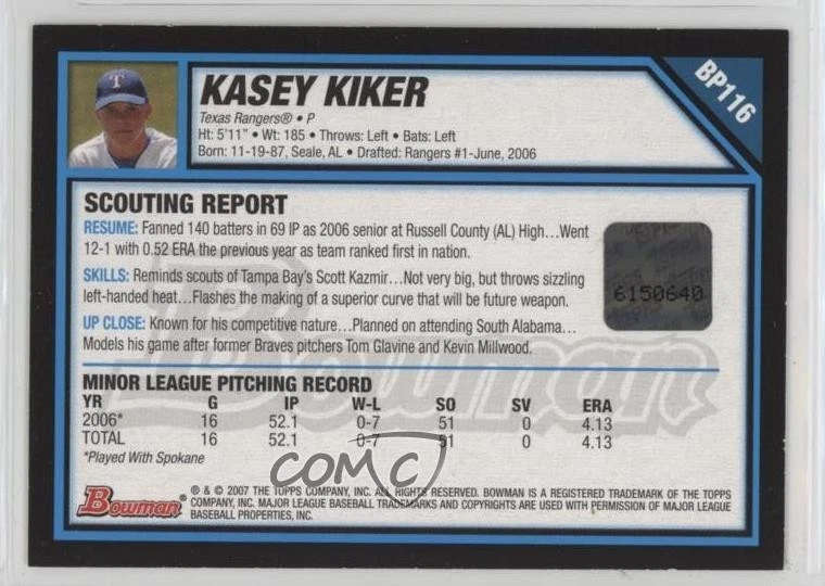 2007 Bowman Prospects Kasey Kiker #BP116 Auto - Image 2 of 2