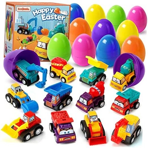12 Plastic Easter Eggs Filled with Pull-Back Engineering Toys Gift for Easter