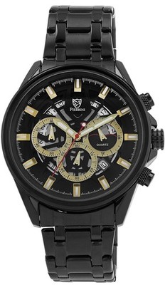 Pierrini Herren Uhr Edelstahlband Chronograph Ø 44 mm, Schwarz Butterflyschließe