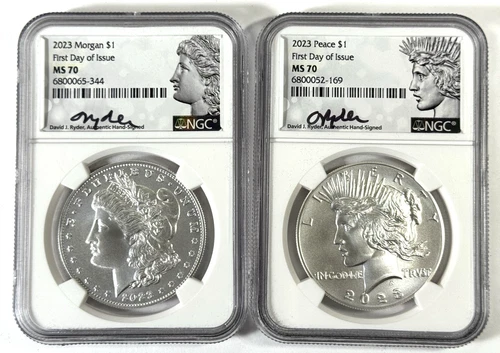 2023 Morgan Peace Silver Dollar 2PC NGC MS70 FIRST DAY OF ISSUE - Ryder Signed