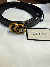 Authentic Gucci Women  s Black Leather Skinny Belt Gold Double G Logo Buckle