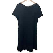 Talbots Womens Black Short Sleeve Scoop Neck Embroidered Hem Size Large
