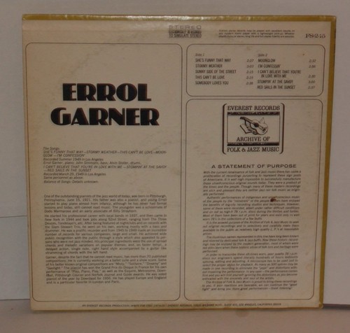 ERROL GARNER LP Vinyl Everest Records Archive Of Folk And Jazz Music FS245 S - Imagen 3 de 3