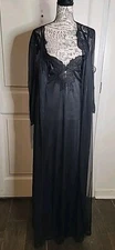 Vintage ADONNA Black Nylon Nightgown Peignoir Sweep Back Lace Strappy Large NWT