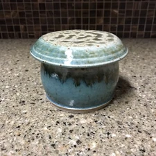 Studio Art Pottery Blue Drip Glazed Butter Bell Crock Keeper: Artist Signed