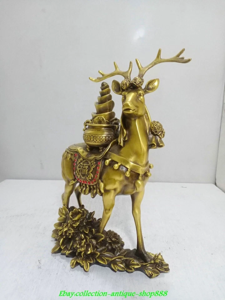 Old Chinese Brass Gems Fengshui Wealth Deer Sika deer Coin Yuanbao Animal Statue - Image 2 of 4