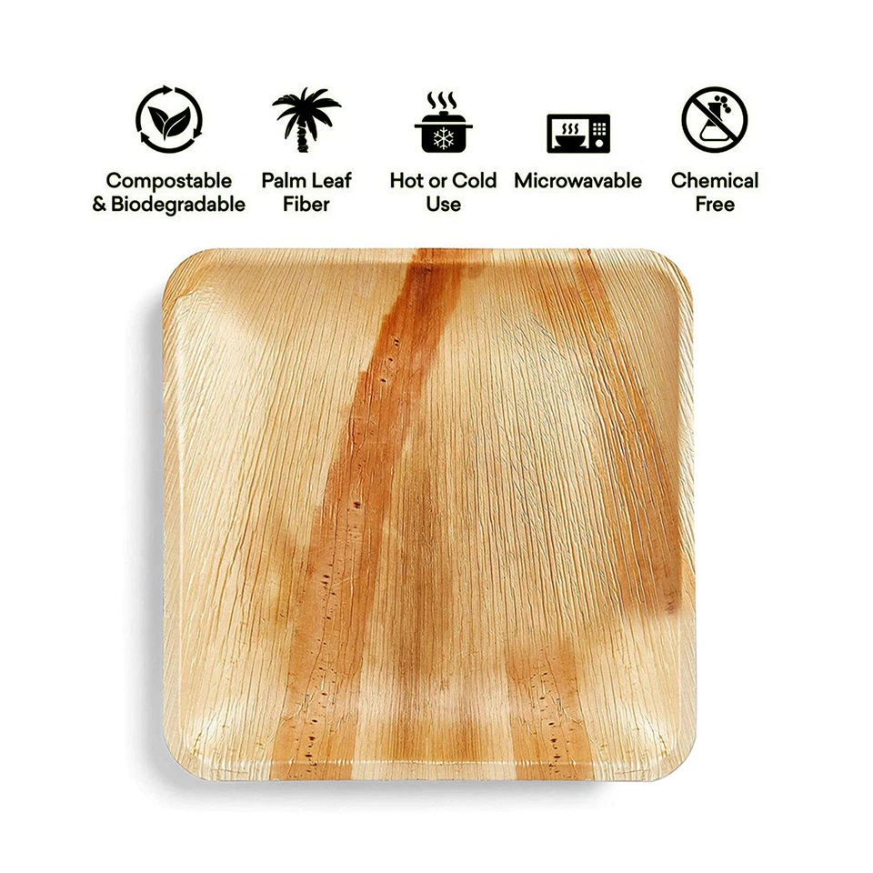 25 x Wooden Palm Leaf Plates Party Disposable Biodegradable Bamboo Square 7" 10" - Image 2 of 4
