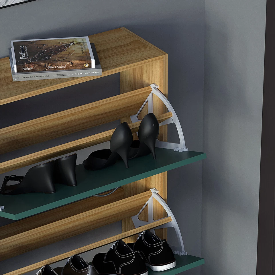 Scarpiera 4 Ante Ripiani Doppia Profondità con Maniglia Quercia+Verde 63x24x150 - Immagine 2 di 4