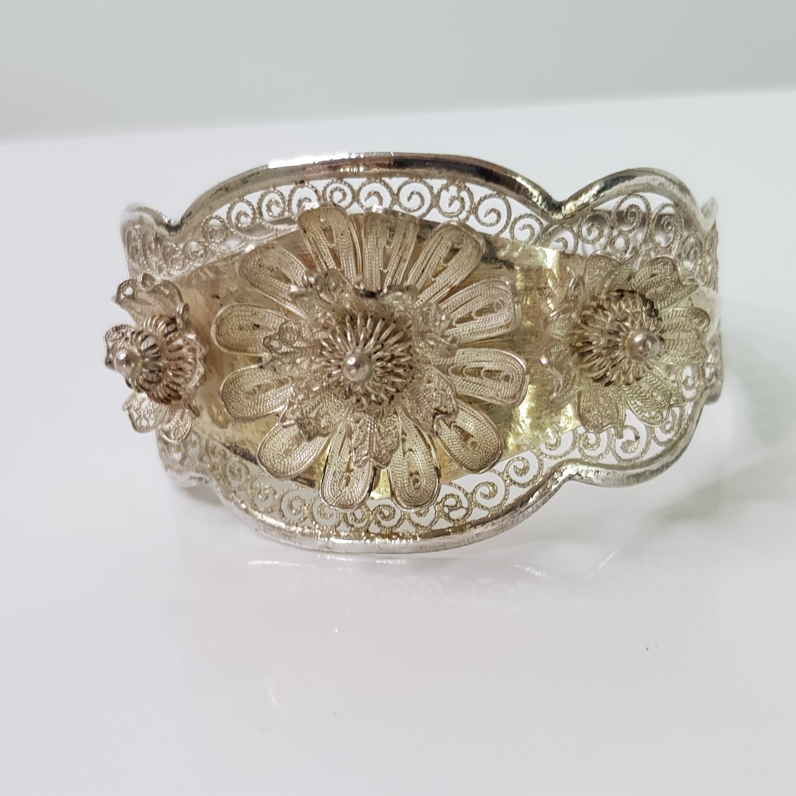 Vintage 900 Solid Silver Filigree Cuff Bangle Flo… - image 2