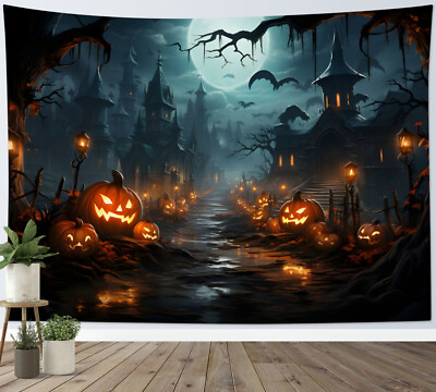 Scary Pumpkin Creepy Castle Halloween Tapestry for Bedroom Living Room Dorm