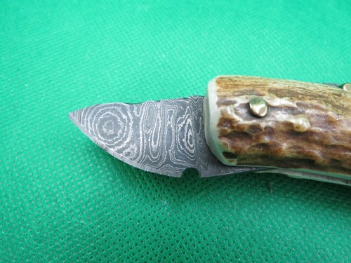CUSTOM STAG HANDLE DAMASCUS FOLDER MADE BY TABOR SUPER COOL MUST SEE - Picture 4 of 5