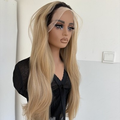 Blended blonde Synthetic Hair Frontal Lace Wig Natural Long Straight