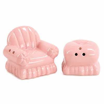 Pink Chair Salt Shaker & Ottoman Pepper Shaker Mini Set Stoneware Cute Decor
