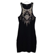 Express Black Tank Dress w/ Copper Silver Sequin Aztec Design Medium Stretch