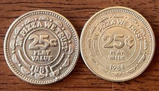 1981 Chuck E. Cheese Pizza Time Theatre Coin Game Brass Token, Plus a 1984 Token
