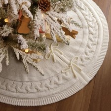 Christmas Tree Skirt 36 Inches Braided Cable Knit Round Cream White Tree Skirt