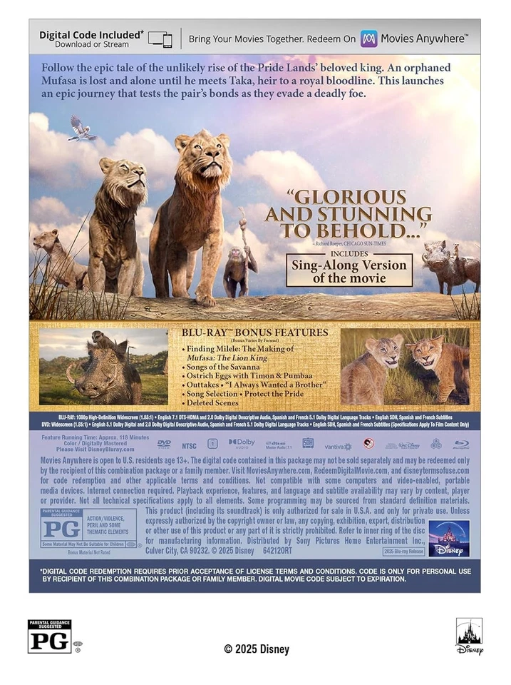 Mufasa: The Lion King (Blu-ray + DVD + Digital) New - Image 2 of 4