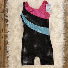 Girls Gymnastics Biketard Leotard Sleeveless Size 160 Fits 12-14 Black Pink NEW