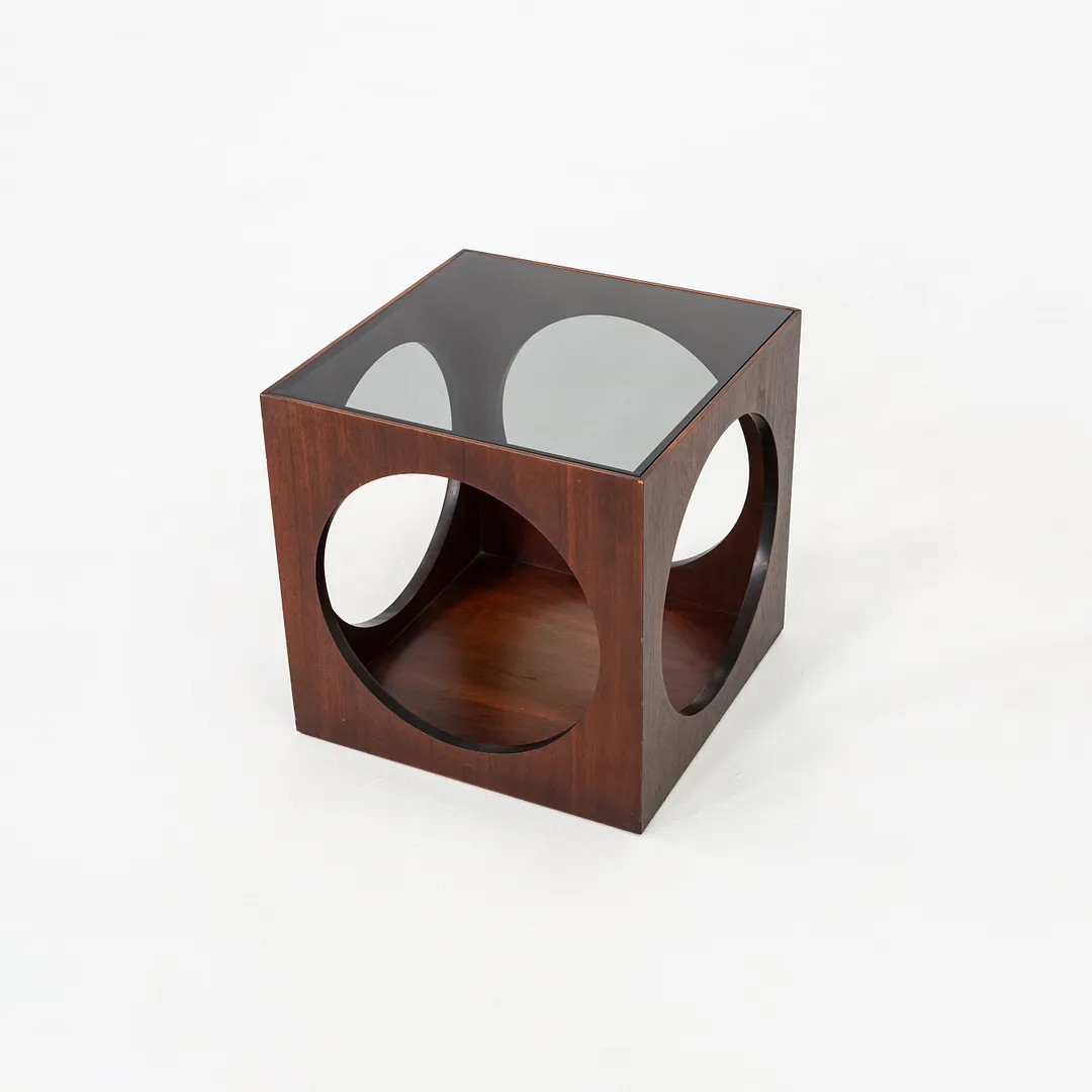 1969 Lane Walnut Cube End Table w/ Circle Motif & Smoked Glass Top