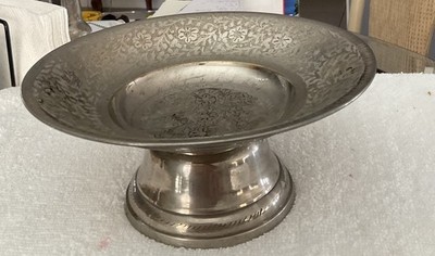 Vintage world Gift Y. Z. INDIA Silver Plated Etched Brass Pedestal Compote India