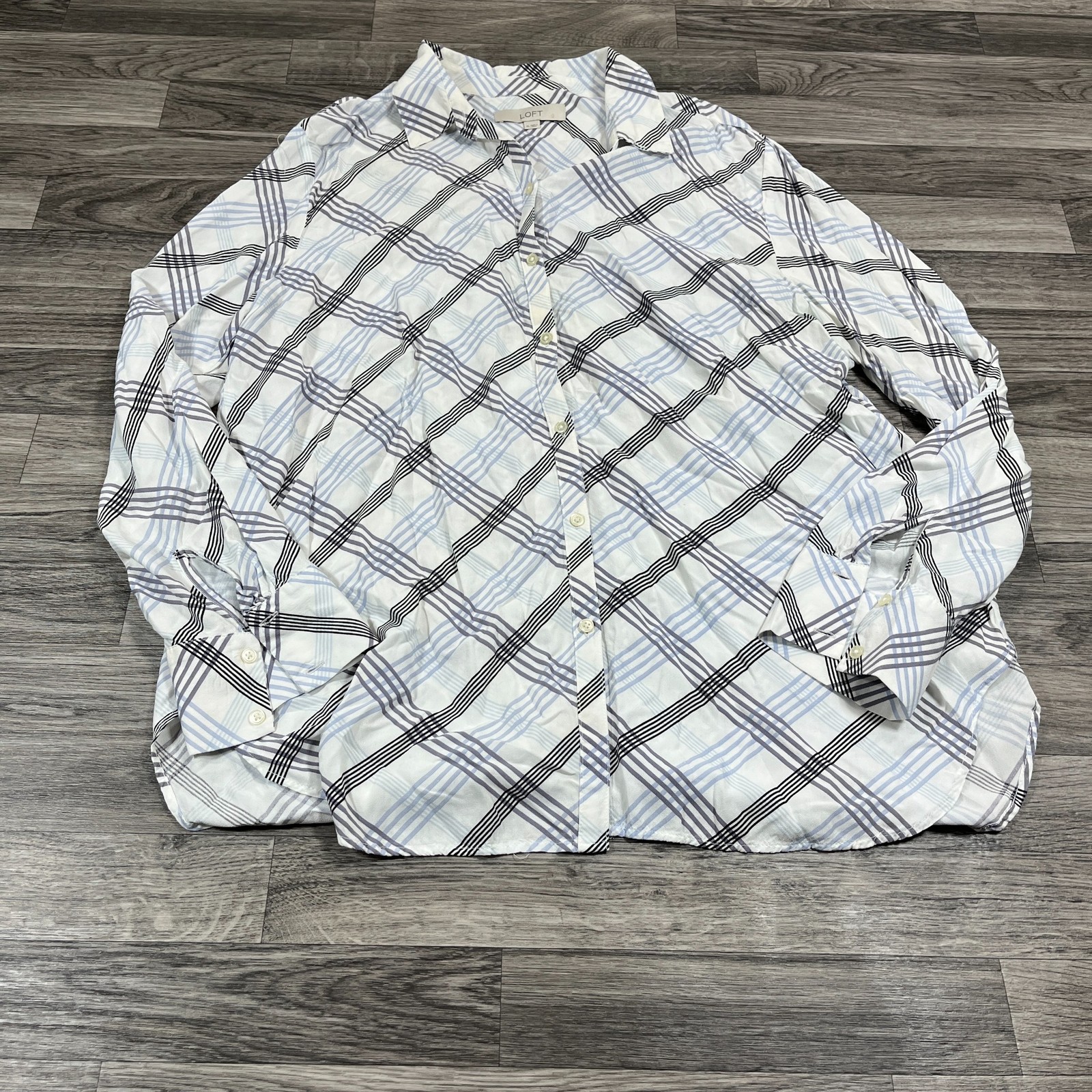 LOFT Button Down Collared Long Sleeve White Plaid… - image 5