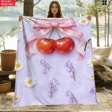 2D Flat 1pc Cherry Daisy Ultra Soft Lightweight Flannel Blanket - Cozy Warm Thr