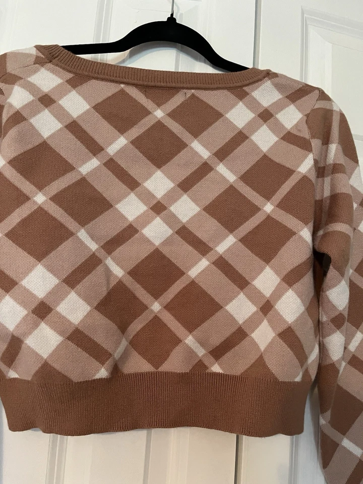 Suéter Pacsun marrom e bege xadrez manga comprida cropped tamanho XS - Imagem 4 de 4