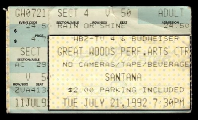 Santana 1992 Jul 21 Ticket Mansfield MA Great Woods Performing Center *TS100 - Image 1 of 2