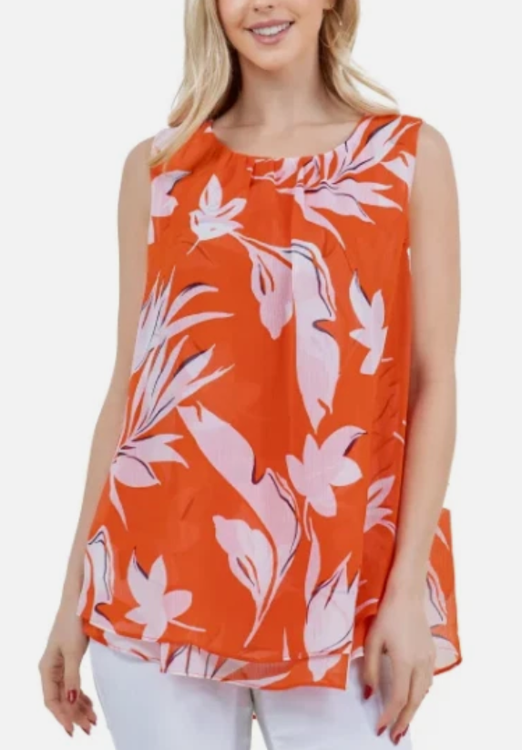 NWT Cristina B Double Layer Sleeveless Tunic Top  Orange/White Leaf Print XLarge