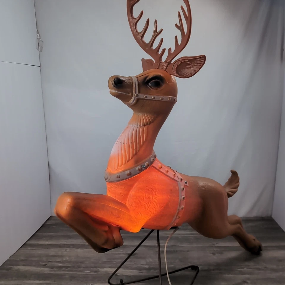 Vintage POLORON Christmas Santa Sleigh Reindeer Lighted Blow Mold W/Stand - Image 4 of 4