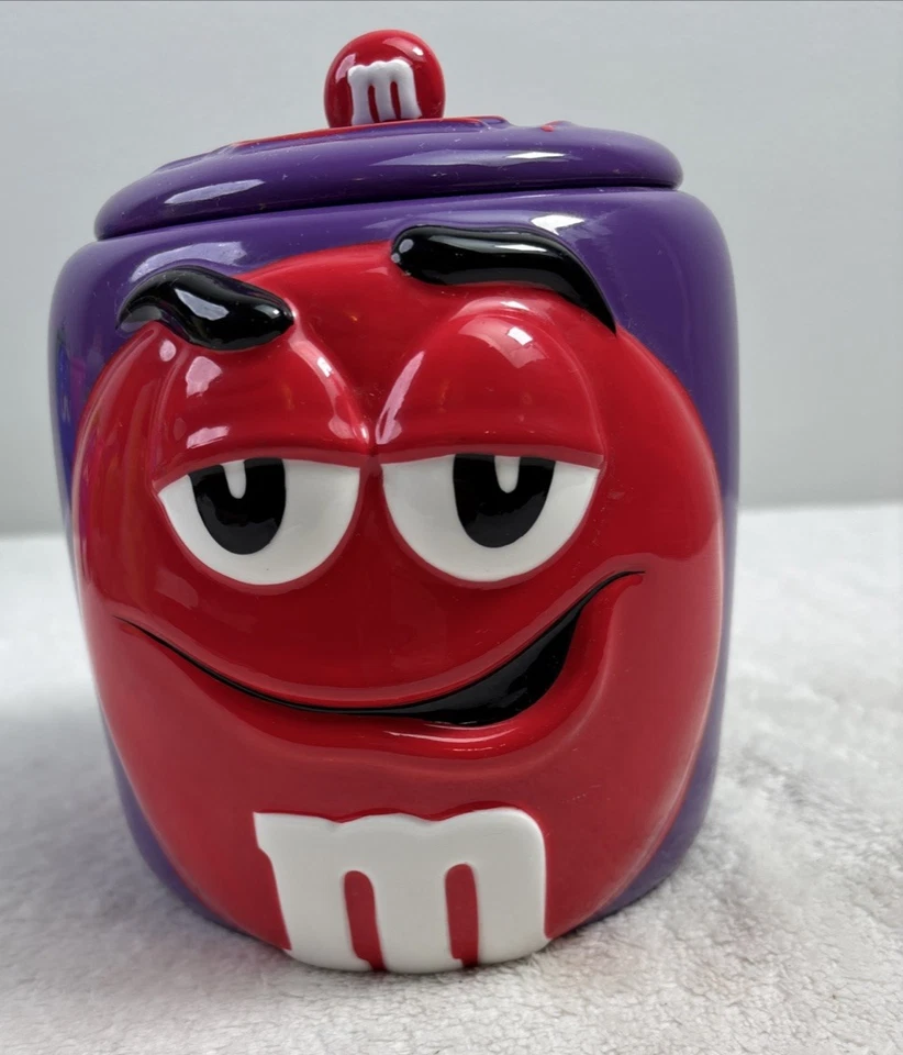 Tarro de galletas/dulces de cerámica vintage Galerie M&M's 2003 púrpura y rojo marte Foto 2 de 4