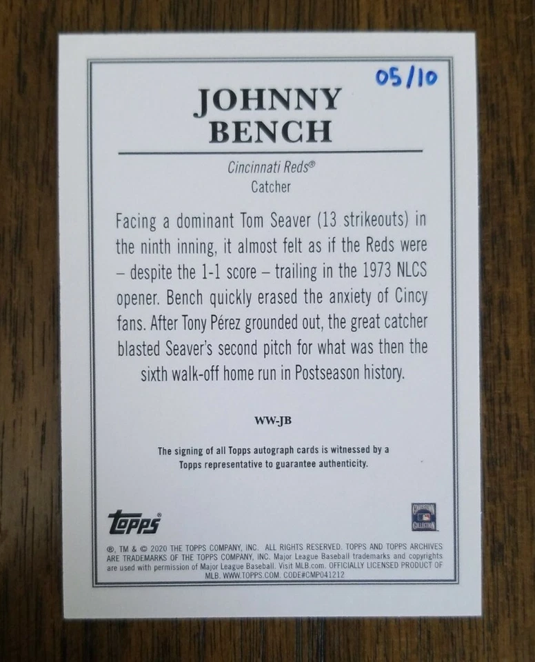 Johnny Bench 2020 Topps Archives Snapshots Walk Off Wires Auto 05/10 Reds - Image 2 of 2