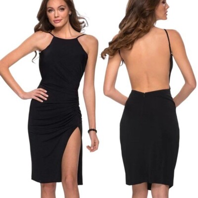 NWT La Femme Halter Open Back Shirred Jersey Short Dress 29312 Black Size 10