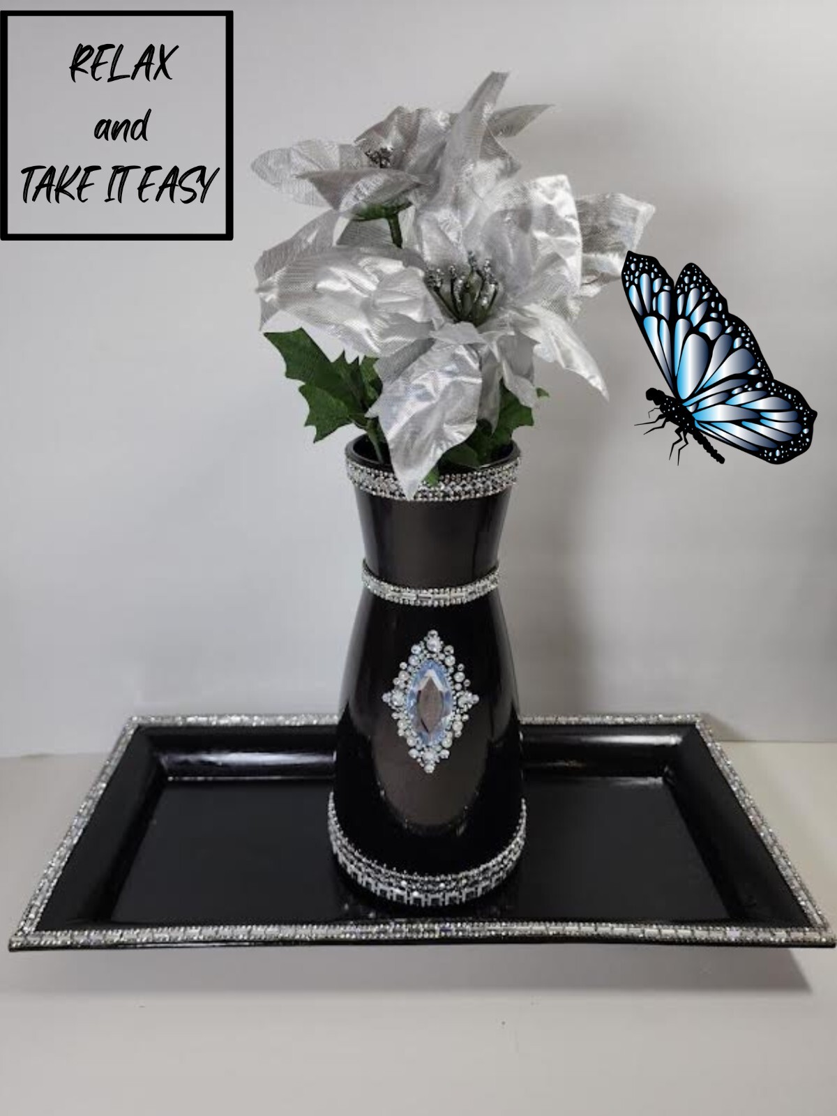 DECOR SPARKLY BLING GLAM CENTERPIECE/VASE WITH TRAY FLOWER HOLDER CANDLE HOLDER